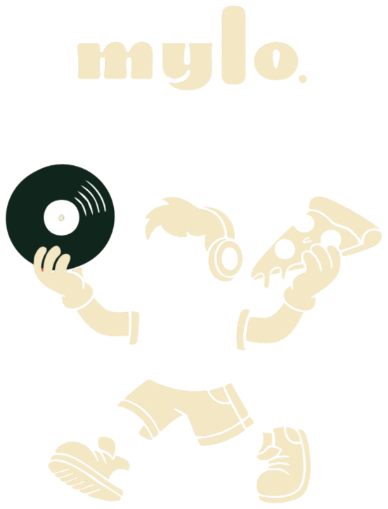 Mylo en gesto de invitación — vinilo en una mano, pizza en la otra